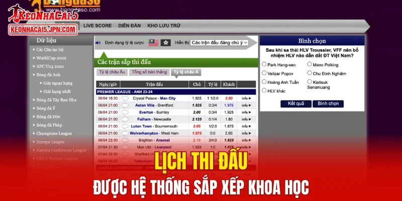 Lịch thi đấu được hệ thống sắp xếp khoa học