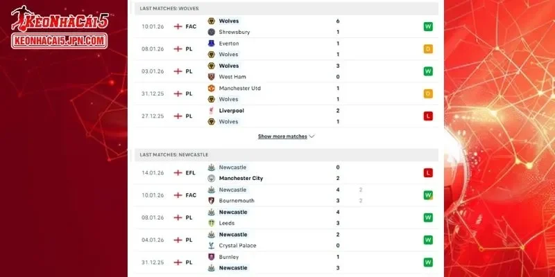 Thành tích đối đầu chi tiết cho trận đấu giữa Wolves vs Newcastle