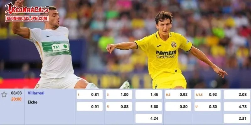 Tỷ lệ kèo chi tiết nhất cho trận đấu giữa Villarreal vs Elche